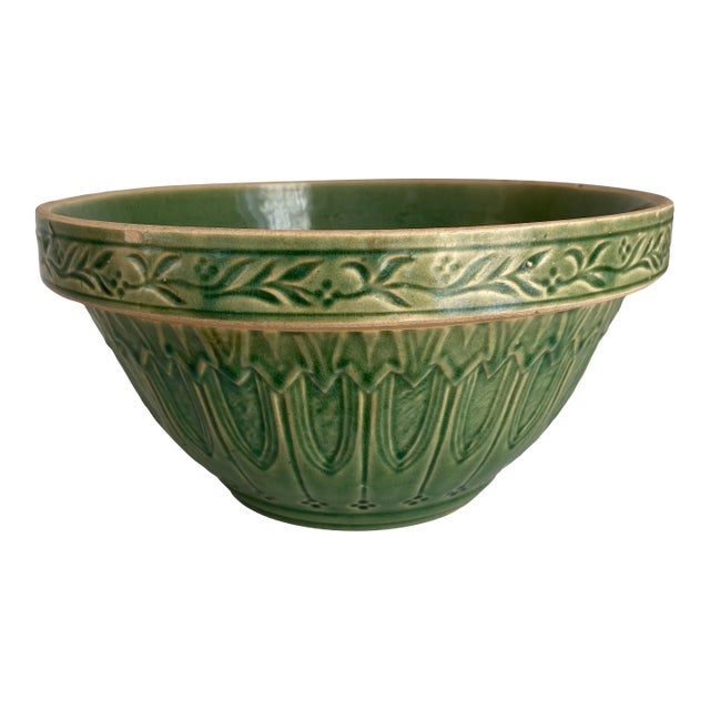 Antique Hull Pottery Gothic Arches Stoneware Mixing Bowl in Green Glaze For Sale