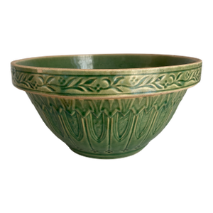 Antique Hull Pottery Gothic Arches Stoneware Mixing Bowl in Green Glaze