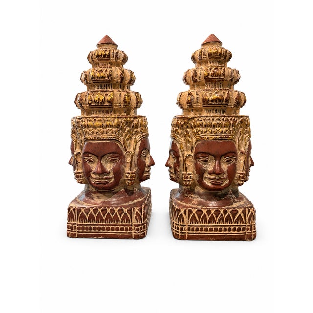 2000 - 2009 Pair of Vintage Southeast Asian Four-Faced Temple Sculptures / Bookends For Sale - Image 5 of 5