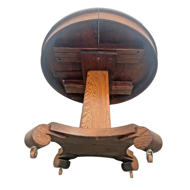 Round Pedestal Expanding Dining Table Antique Arts & Crafts Quarter-Sawn Oak For Sale - Image 15 of 15