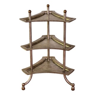 Mid 20th Century Three-Tier Iron Etagere With Antiqued Brass Finish, Plant Stand, Side Table For Sale