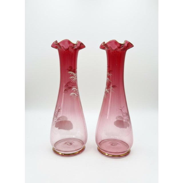 Victorian Magnificent 14" Antique Bohemian Cranberry Glass Mary Gregory Vases - Facing Pair For Sale - Image 3 of 11