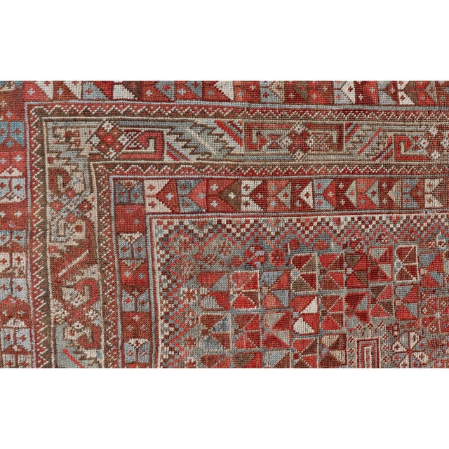 Antique Distressed Persian Medallion Shiraz Rug in Shades Rusty Red & Steel Blue For Sale In Atlanta - Image 6 of 10
