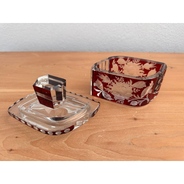 Glass Antique Czech Bohemian Ruby Red Art Deco Hand Cut to Clear Crystal Trinket Box, C. 1920s For Sale - Image 7 of 11