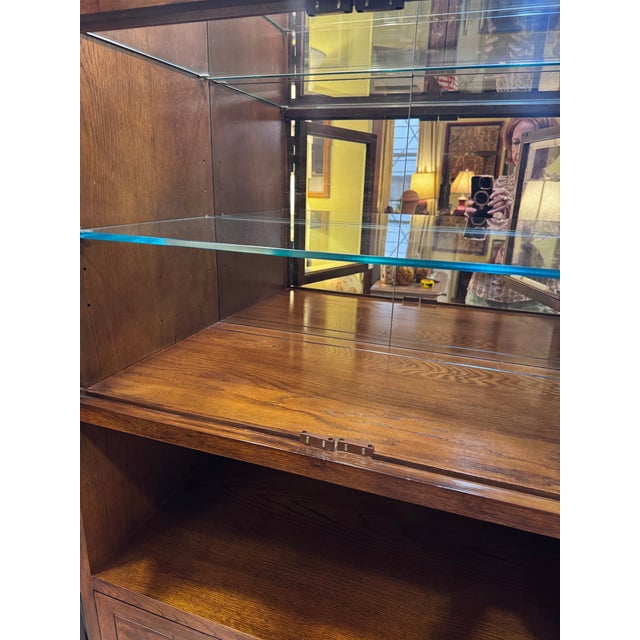 Henredon 1970s Henredon Scene One Campaign Oak Lighted Display and Bar Cabinet For Sale - Image 4 of 9