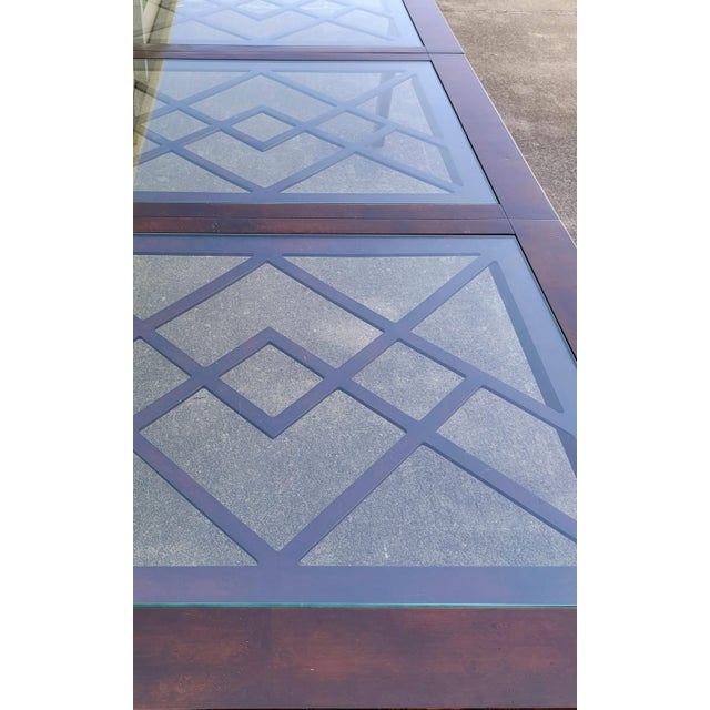 1980s Vintage Mastercraft Style Huge Fretwork Brass Glass Dark Wood Extension Dining Room Table For Sale - Image 15 of 17