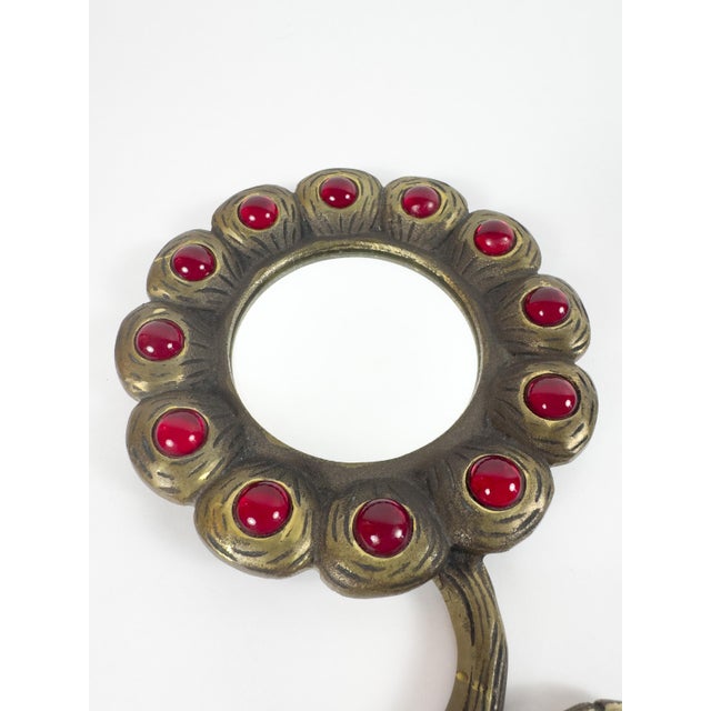 Art Nouveau Vintage Brass Floral Hand Mirror With Red Glass Cabochons, Art Nouveau Style For Sale - Image 3 of 13