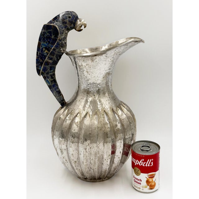 Overscale Los Castillos Silver-plate Lapis Lazuli Parrot Pitcher Offered for sale is a massive mid-century modern Los...