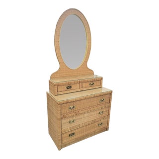 Vintage Rattan Wrapped Campaign Style 3 Drawer Mirrored Storage Top Chest of Drawers by Dixie For Sale