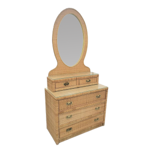 Vintage Rattan Wrapped Campaign Style 3 Drawer Mirrored Storage Top Chest of Drawers by Dixie
