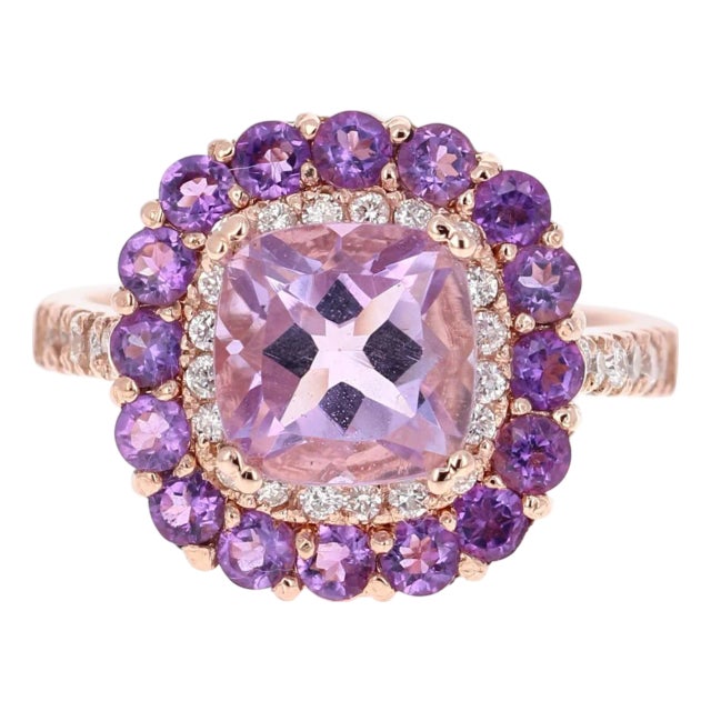 3.56 Carat Cushion Cut Amethyst Diamond Rose Gold Cocktail Ring, Size 7 For Sale