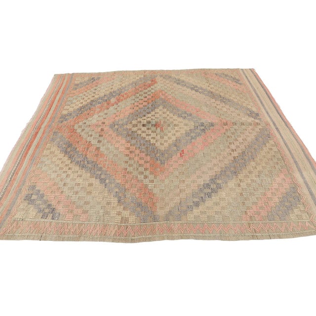 Mid 20th Century Faded Vintage Embroidered Kilim Rug For Sale - Image 4 of 7