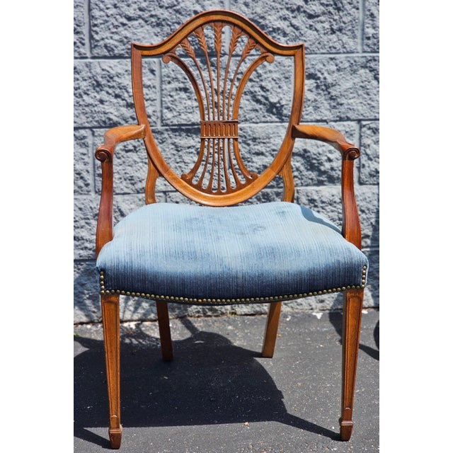 Pair Early 20th Century Hepplewhite Style Mahogany and Upholstered Shield Back Armchairs For Sale - Image 16 of 16