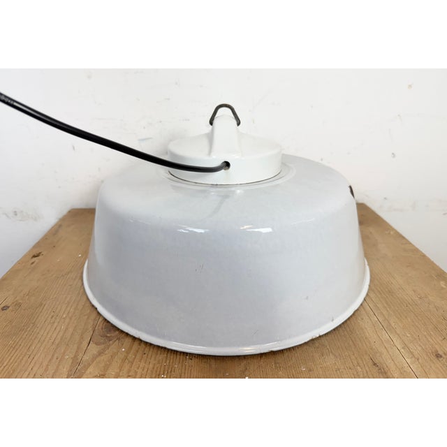 Industrial Grey Enamel Factory Pendant Lamp with Glass Cover, 1960s For Sale - Image 14 of 18