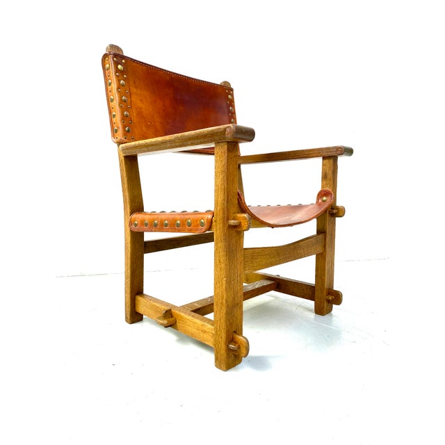 Vintage French Brutalist Castle Armchair in Oak and Cognac Leather, 1920s For Sale - Image 3 of 16