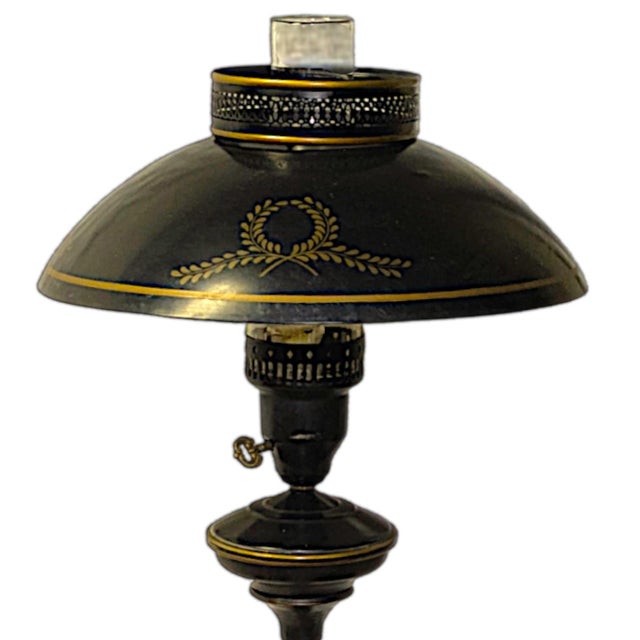 Black Vintage French Empire Hurricane Lamp Style Black Floor Lamp With Toleware Shade For Sale - Image 8 of 10