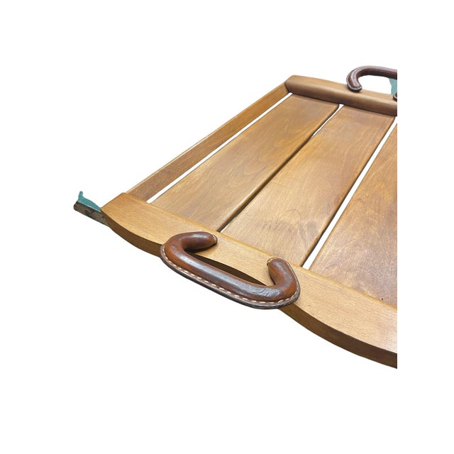 1950s Stitched Leather and Wood Service Tray from Jacques Adnet, 1950s For Sale - Image 5 of 7