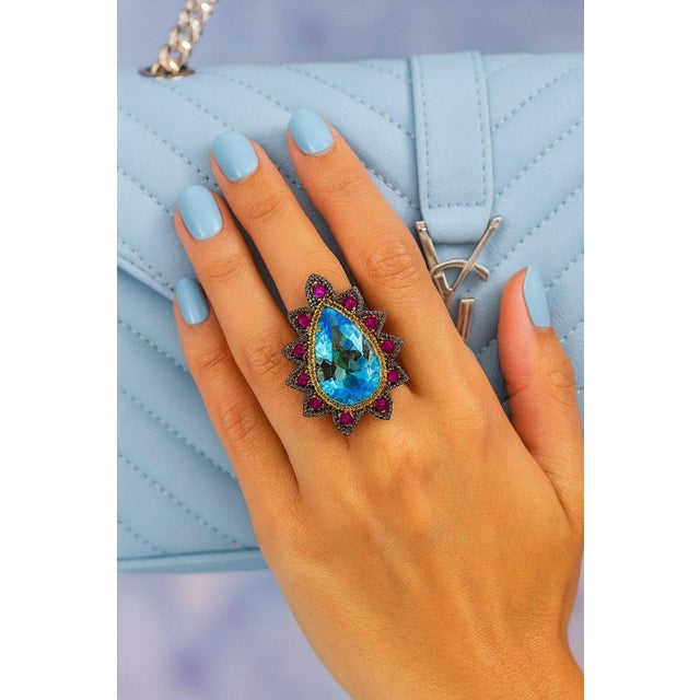 Baby Blue Bochic “Capri” Vintage Ruby, Blue Topaz & Diamond Ring Set In 18K Gold & Silver For Sale - Image 8 of 11