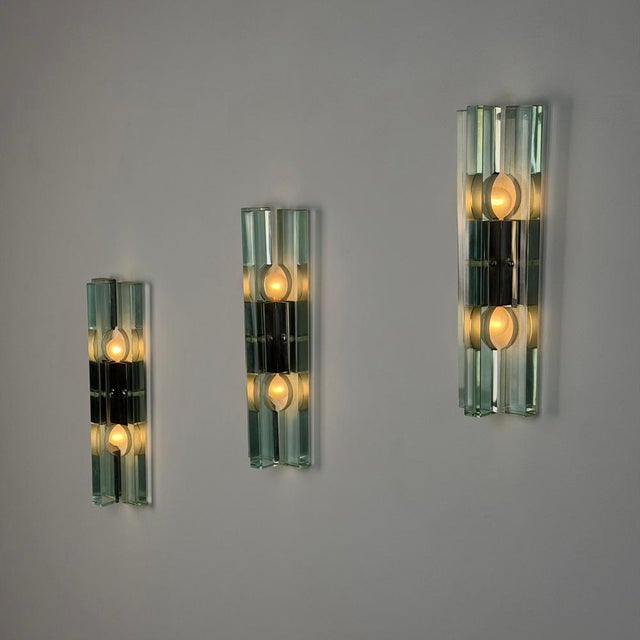Triple Glass Wall Sconces in Thick Structural Glass from Gallotti & Radice, 1970s, Set of 3 For Sale - Image 3 of 18