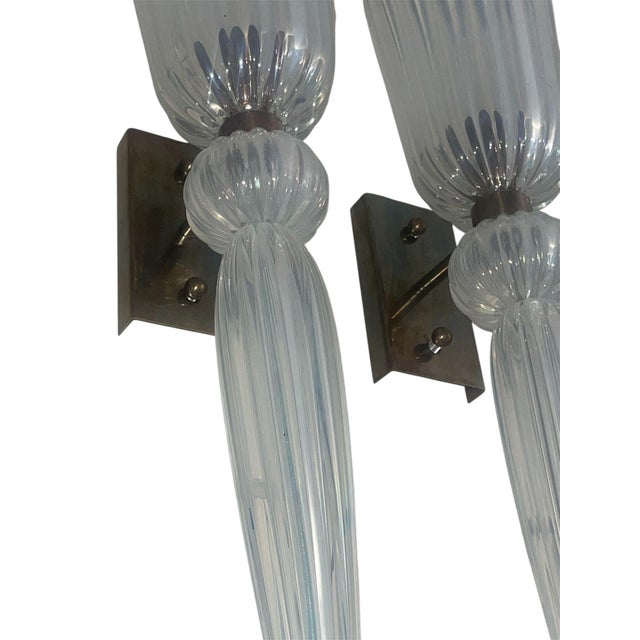 Early 21st Century Pair of Modernist Celadon Opaline Murano Glass & Brass Sconces. 21st Century For Sale - Image 5 of 6