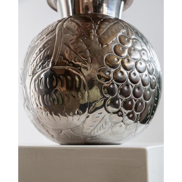 Brown Vintage Nickel-Plated Brass Vase with Hand-Hammered Fruit and Leaf Relief, Italy, 1960s For Sale - Image 8 of 15