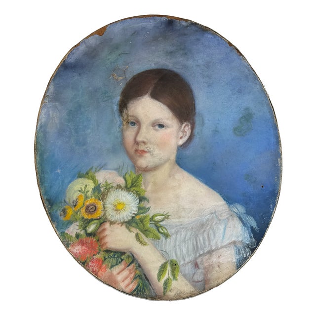 Oval Portrait of a Young Girl with Flowers, 1800s, Pastel Artwork For Sale