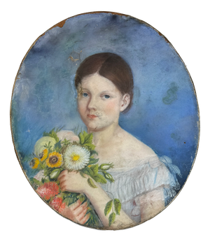 Oval Portrait of a Young Girl with Flowers, 1800s, Pastel Artwork
