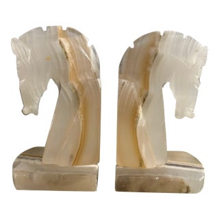 Pair of Vintage White Onyx Horse Head Bookends, Late 20th Century For Sale