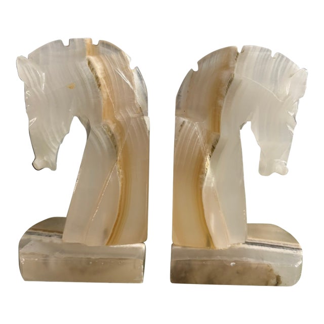 Pair of Vintage White Onyx Horse Head Bookends, Late 20th Century For Sale