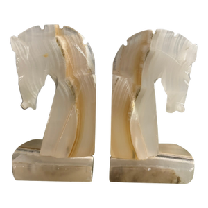 Pair of Vintage White Onyx Horse Head Bookends, Late 20th Century
