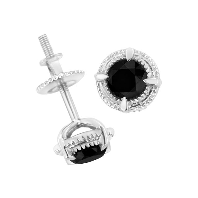 Haus of Brilliance .925 Sterling Silver 1 cttw Treated Black Diamond Modern 4-Prong Solitaire Milgrain Stud Earrings (Black Color, I1-I2 Clarity) For Sale - Image 4 of 6
