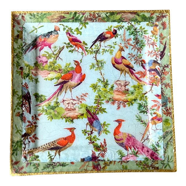 Vibrant Victorian Birds Ceramic Platter Resine Finish- Food Safe 12.5x12.5 For Sale