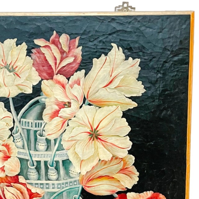 Chinese Wood Hand-Painted Tulip Vase Wall Panel For Sale - Image 4 of 6