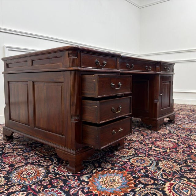English Partner Desk in Green Leather For Sale - Image 12 of 18