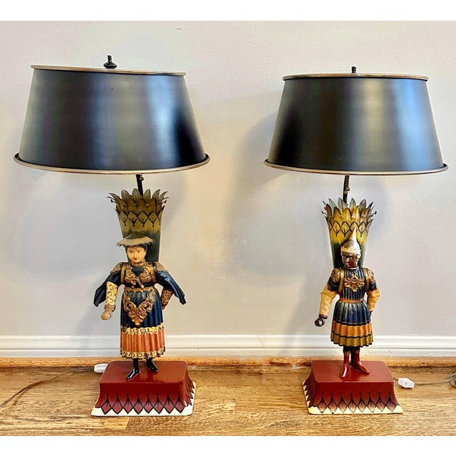 1980s Chinoiserie Hand Painted Tole Figural Lamps, a Pair For Sale - Image 11 of 12