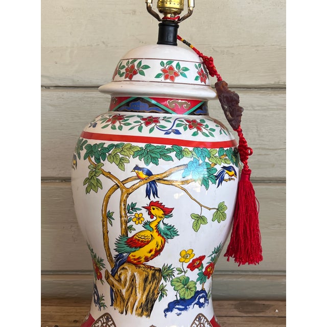 Mid 20th Century Chinoiserie Chic Style Peacock Multicolor Jar Table Lamp With Custom Made Shade For Sale - Image 9 of 12