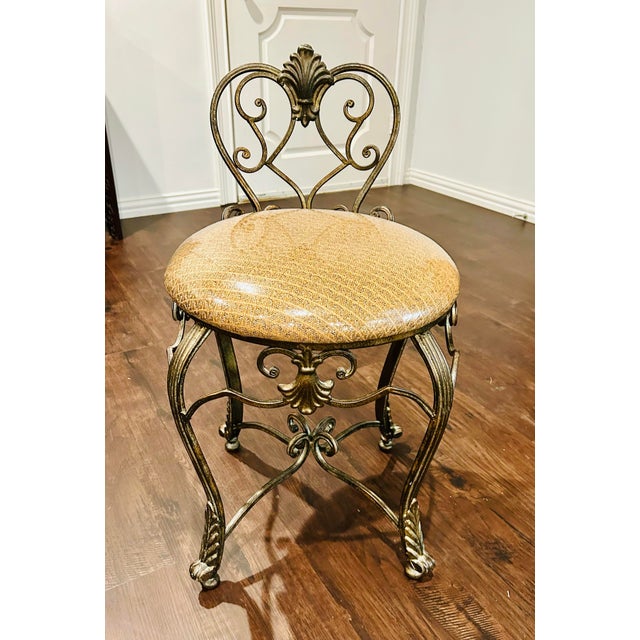 Hollywood Regency Hollywood Regency Style Metal Upholstered Vanity Chair For Sale - Image 3 of 5