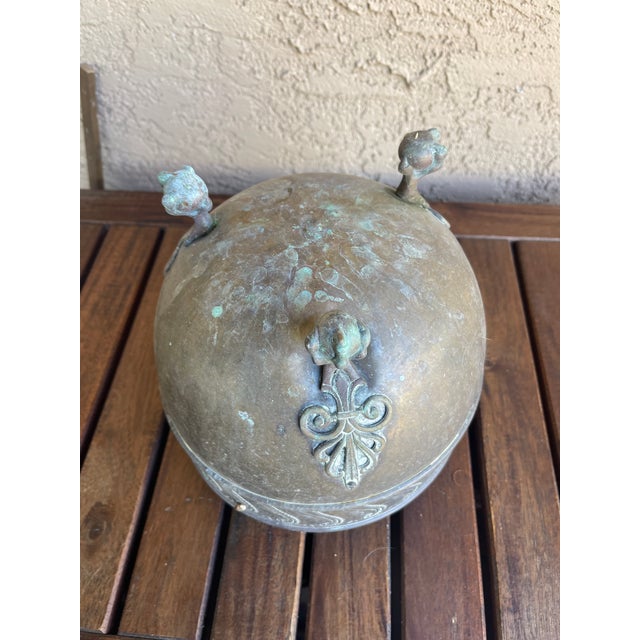 Metal Antique Brass Jardiniere Planter Geometric Design Motif Ball Claw Three-Foot For Sale - Image 7 of 7