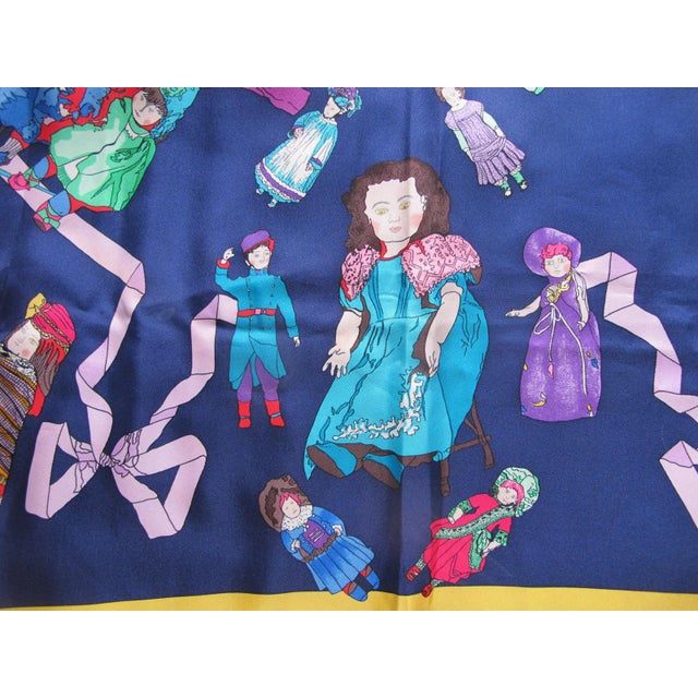 Navy Blue Hermes Paris Carre 90 Hello Dolly Dolls Print Blue Pink 100% Silk Scarf For Sale - Image 8 of 12