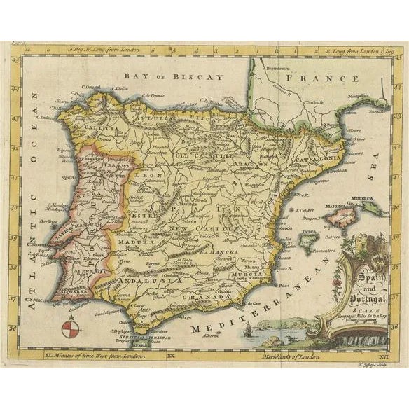 Antique Map of Iberian Peninsula of Spain and Portugal, 1755 For Sale