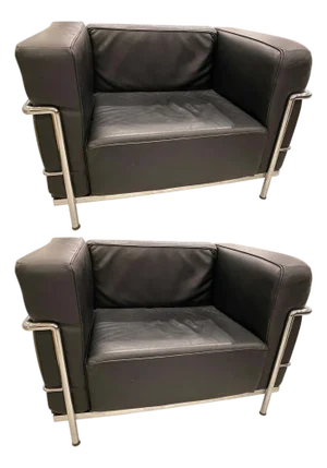 Pair of Chrome and Black Leather Club Chairs in the Style of Le Corbusier