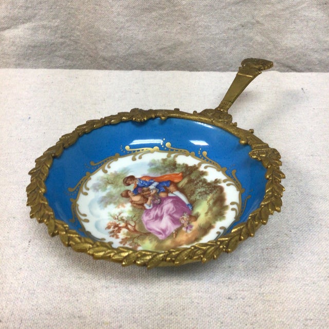 Manufacture de Sevres Vintage Sevres France Gold Gilt Brass and Porcelain Handled Dresser Tray For Sale - Image 4 of 12