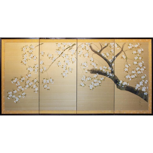 1950-1960s Shōwa Era Japanese Painted Silk Byobu Screen "Blossoming Sakura" For Sale - Image 18 of 18