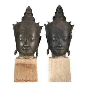 17th / 18th Century Thai Ayutthaya Period Bronze Crowned Buddha Head Sculpture - a Pair