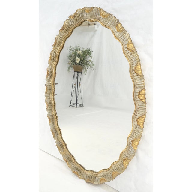 Wood Carved Wood Scallop Edge Style Silver & Gold Gilt Oval c1970s Wall Mirror For Sale - Image 7 of 8