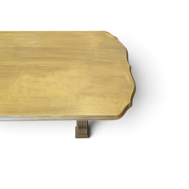 1980s Vintage Butter Yellow Painted Trestle Sofa Table With Scalloped Top For Sale - Image 5 of 18