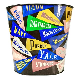 Mid-Century Boho Chic Americana College Pennant Metal Wastebasket. For Sale