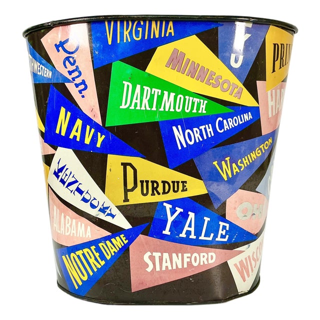 Mid-Century Boho Chic Americana College Pennant Metal Wastebasket. For Sale
