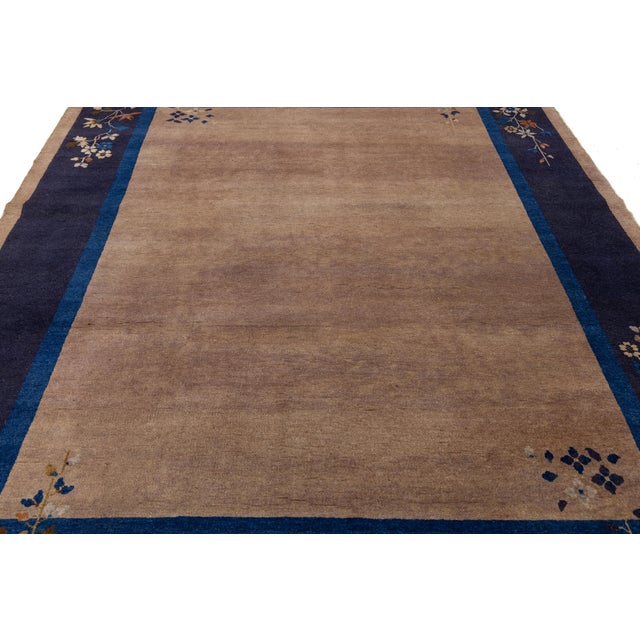 Taupe Antique Chinese Art Deco Rug Navy & Taupe Floral Wool 8x10 For Sale - Image 8 of 10