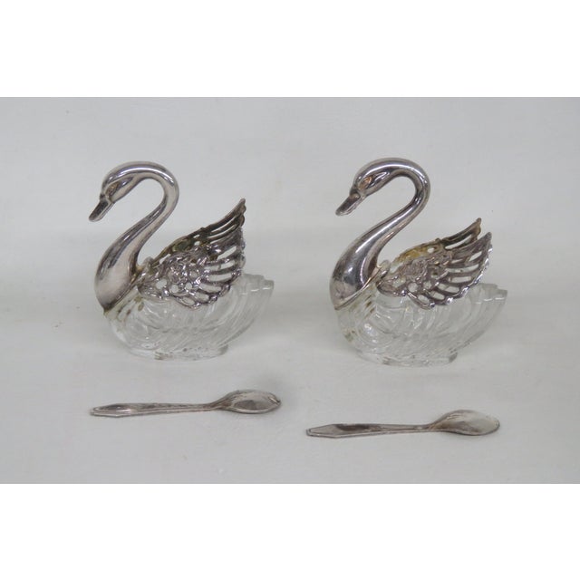 Late 20th Century Italy Silver Plate Swan Salt Cellars With Crystal Body and Spoons 4639b For Sale - Image 5 of 13